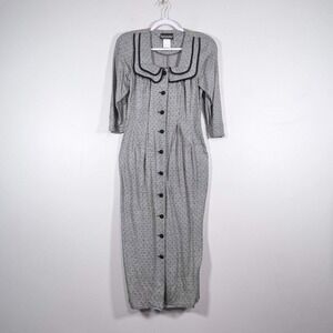 VTG Brioche Collar Button Down Sheath Dress Black/White Swiss Dot Secretary‎ 80s